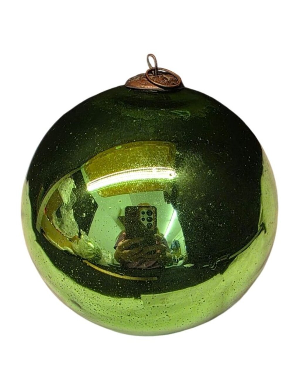 Antique 5" Green German Glass Kugel 5 Leaf Cap Christmas Ornament Jumbo